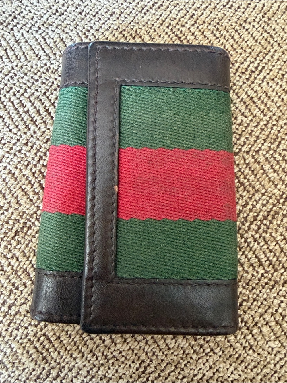 Gucci Black Leather Card & Key Holder with Green and Red Stripe